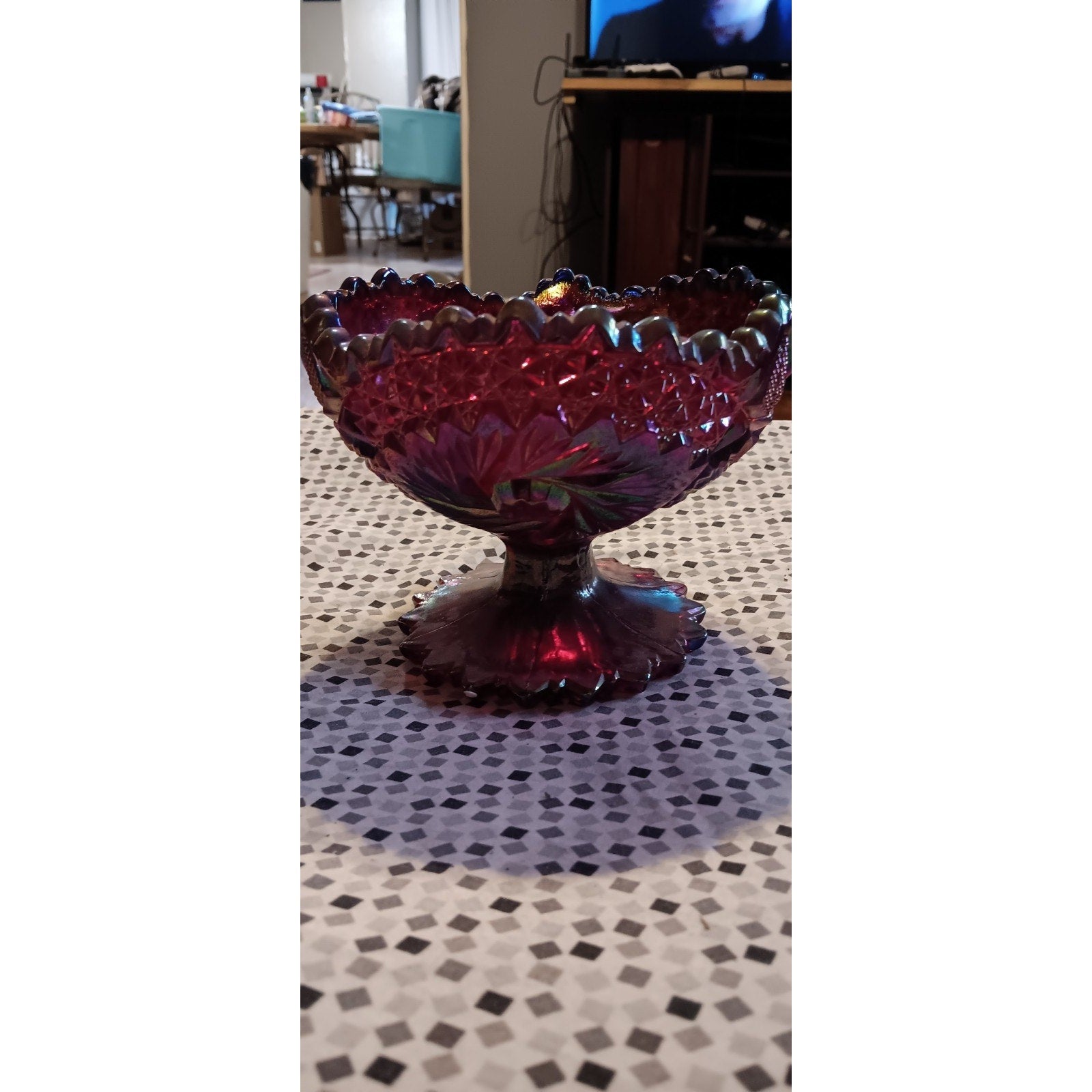Fenton Ruby Red Glass Carnival Pinwheel Iridescent Sawtooth Edge Candy Bowl Art