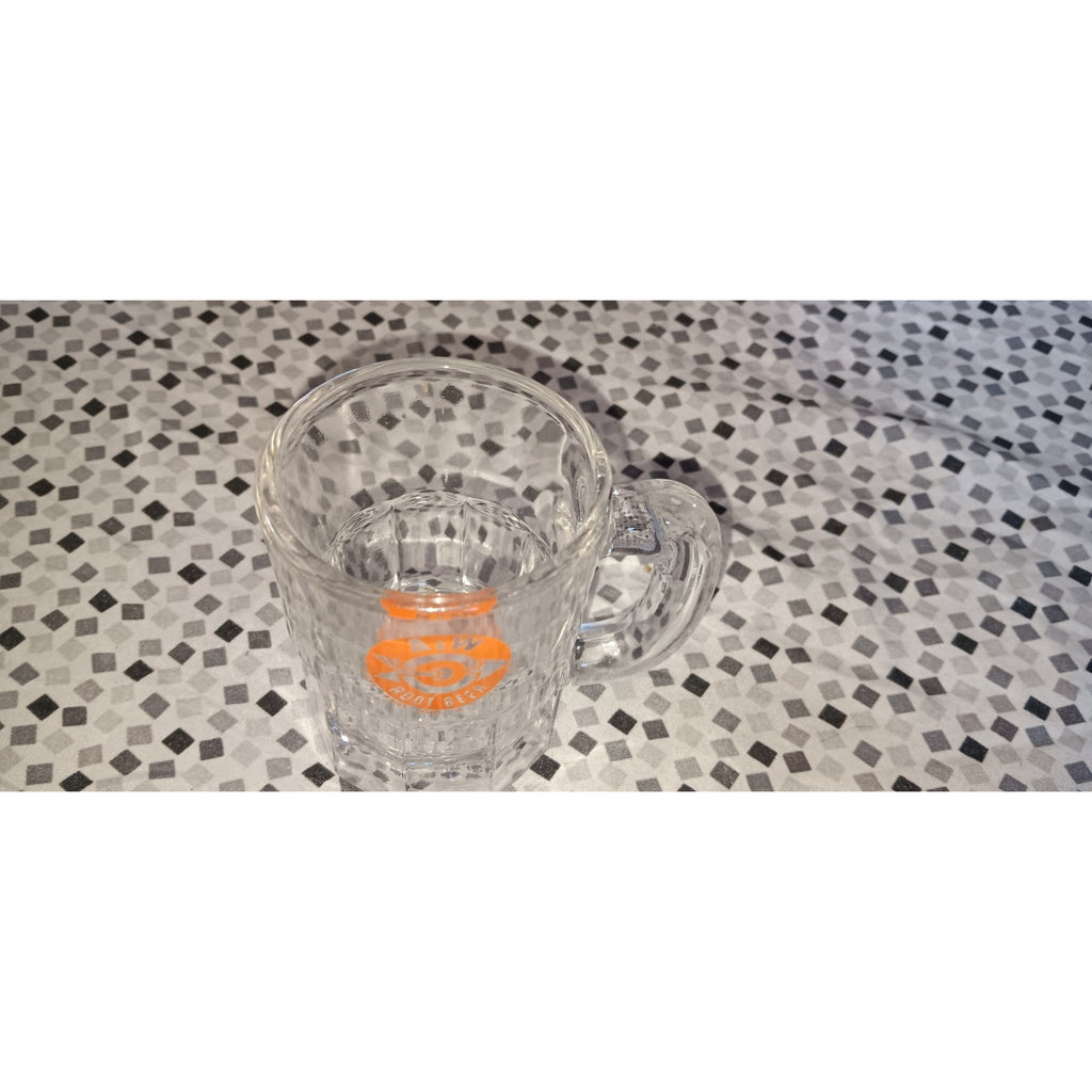 1960s VTG A&W Root Beer Mini Mug Clear Glass Bullseye Arrow Orange Logo AW 3.25"