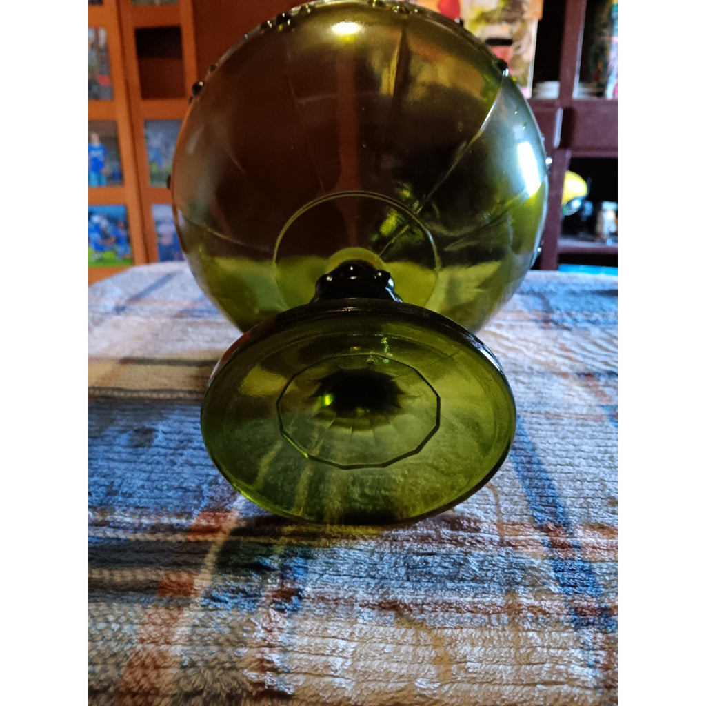Indiana Glass Avocado / Olive Green Pedestal Teardrop Glass Compote Fruit Bowl