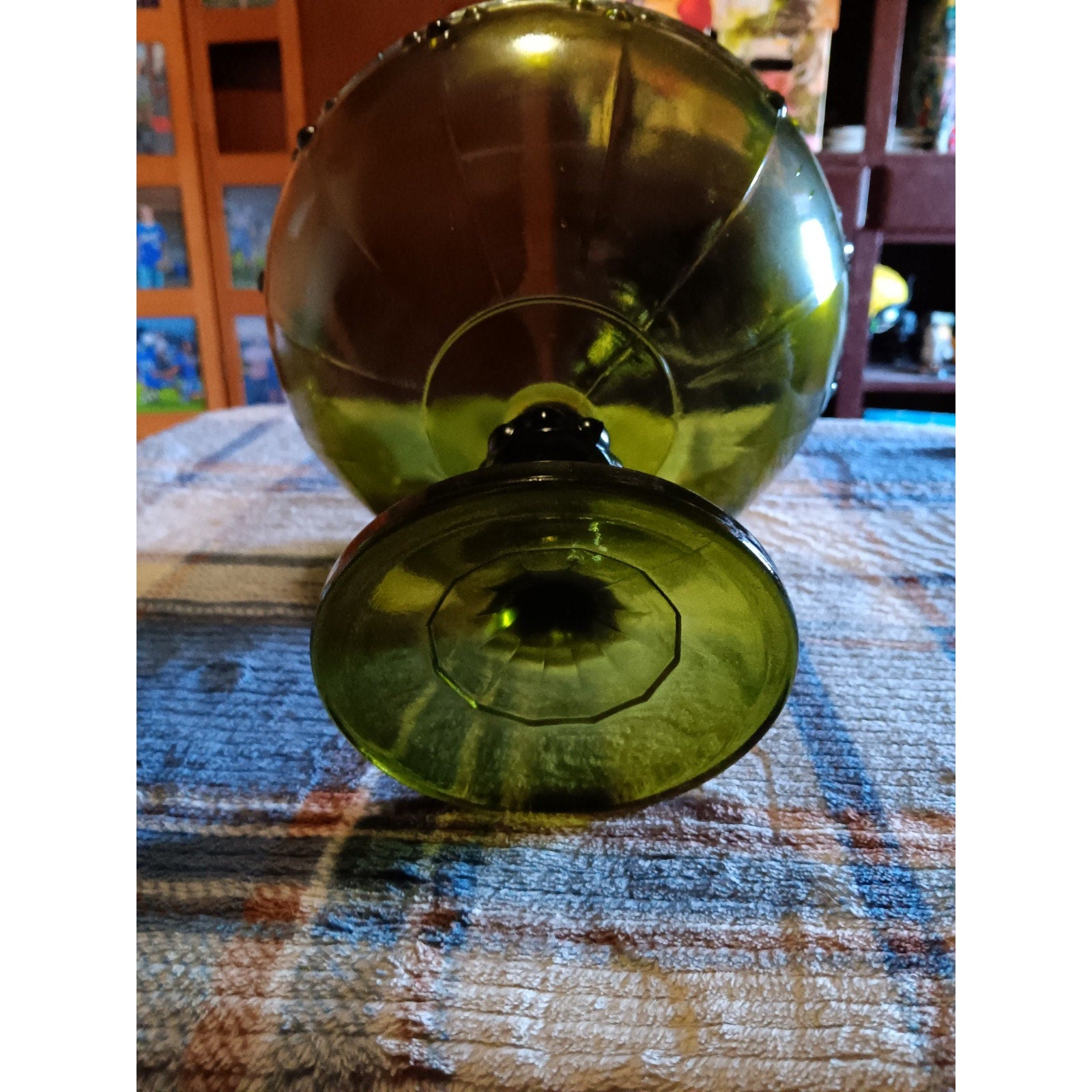 Indiana Glass Avocado / Olive Green Pedestal Teardrop Glass Compote Fruit Bowl
