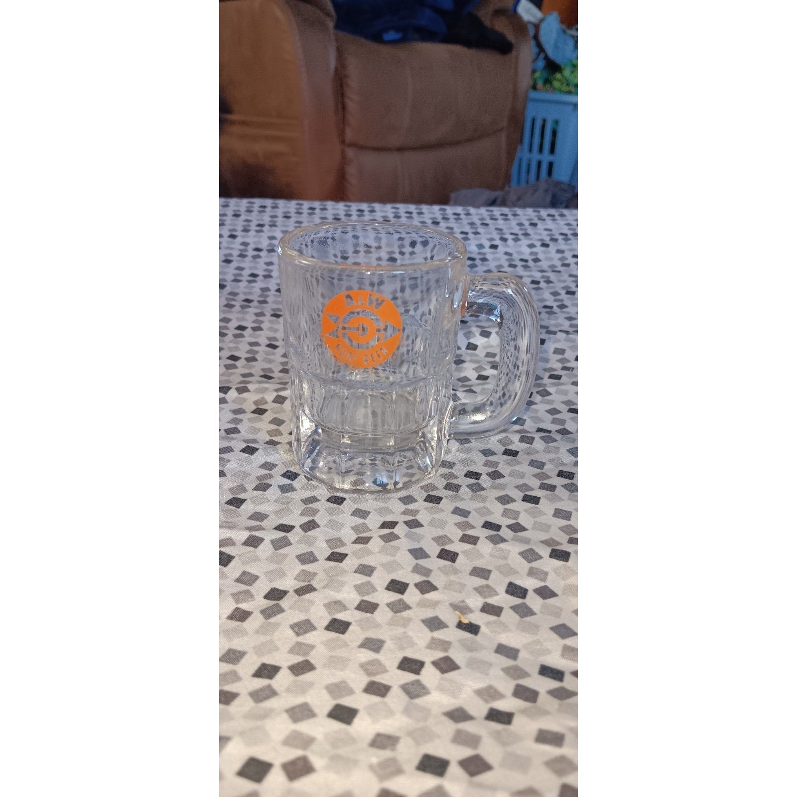 1960s VTG A&W Root Beer Mini Mug Clear Glass Bullseye Arrow Orange Logo AW 3.25"