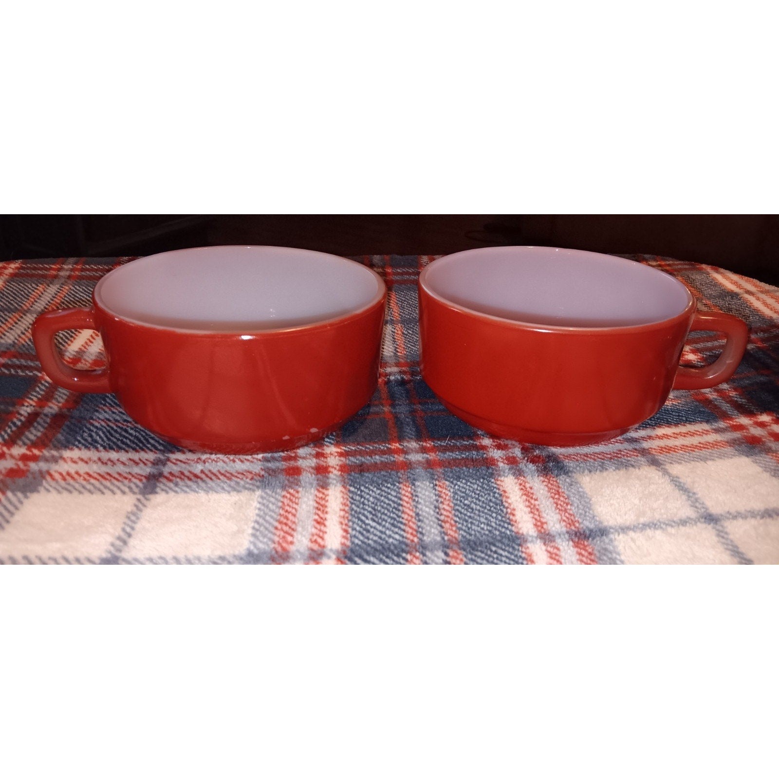 Two Vintage Anchor Hocking Fire-King Red D-handle soup bowls or chili mugs.