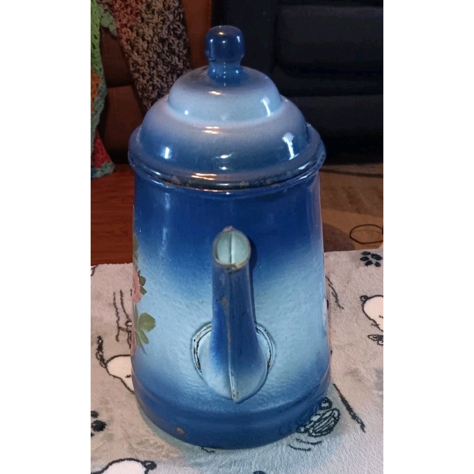 Vintage French Enamelware Cobalt Blue Handpainted Flowers Teapot 1920's Enamel