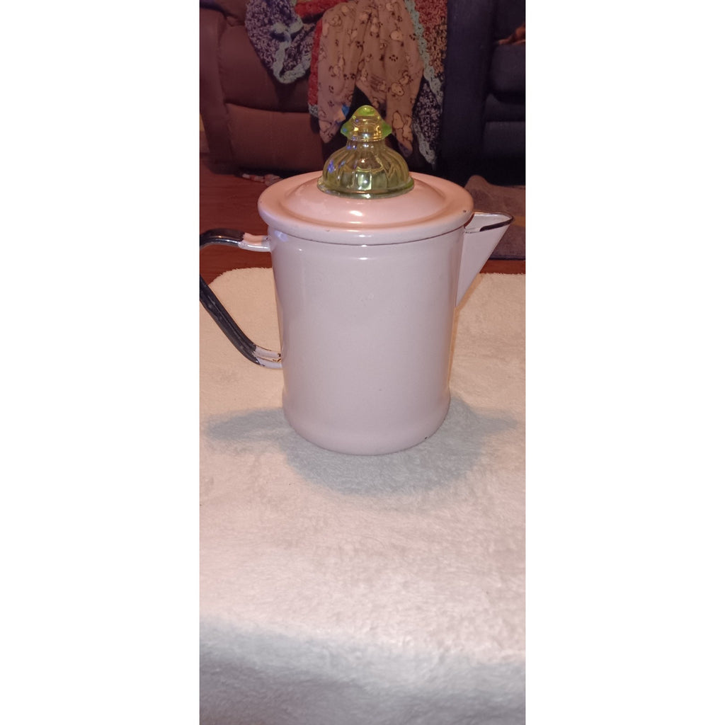 Rare Light Pink & Black Enamelware Coffee Pot W/ Green uranium glass Percolator
