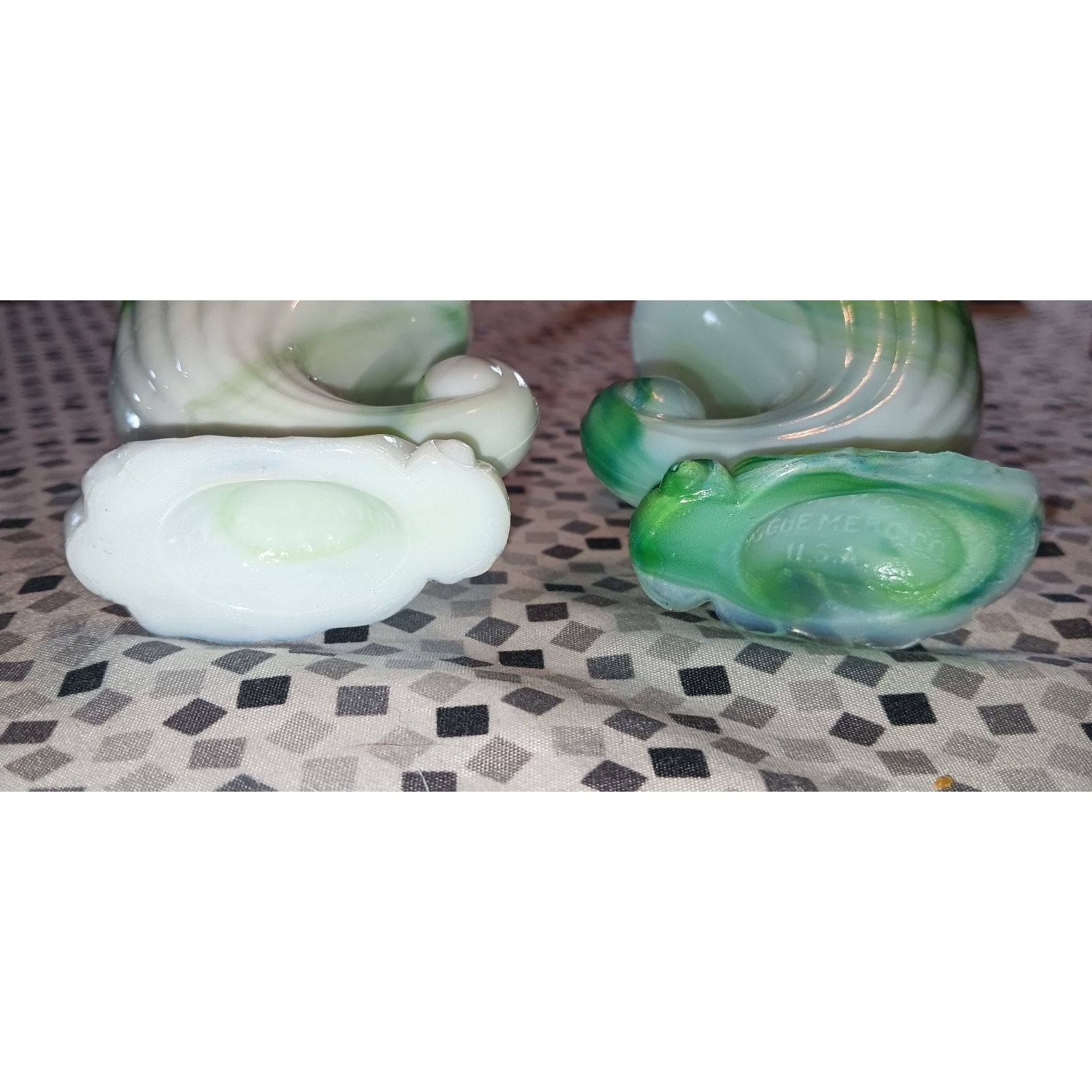 Lot Of 2 Akro Agate Glass 1940’s Green & White Slag Cornucopia Miniature Vase
