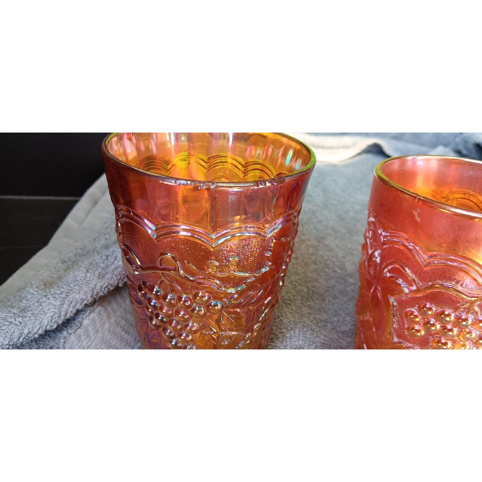 Vintage Joe St. Clair Carnival Glass Lot Grape & Cable Tumbler Set Of 5 Marigold