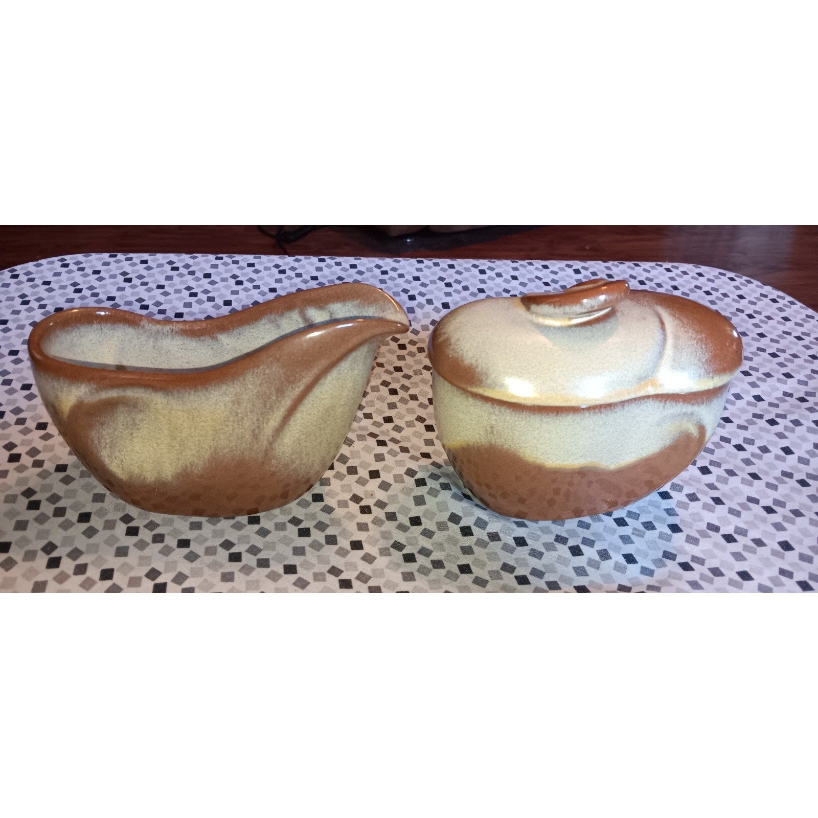 MCM Frankoma Lazy Bones Plainsman Brown Lidded Sugar & Creamer RARE!