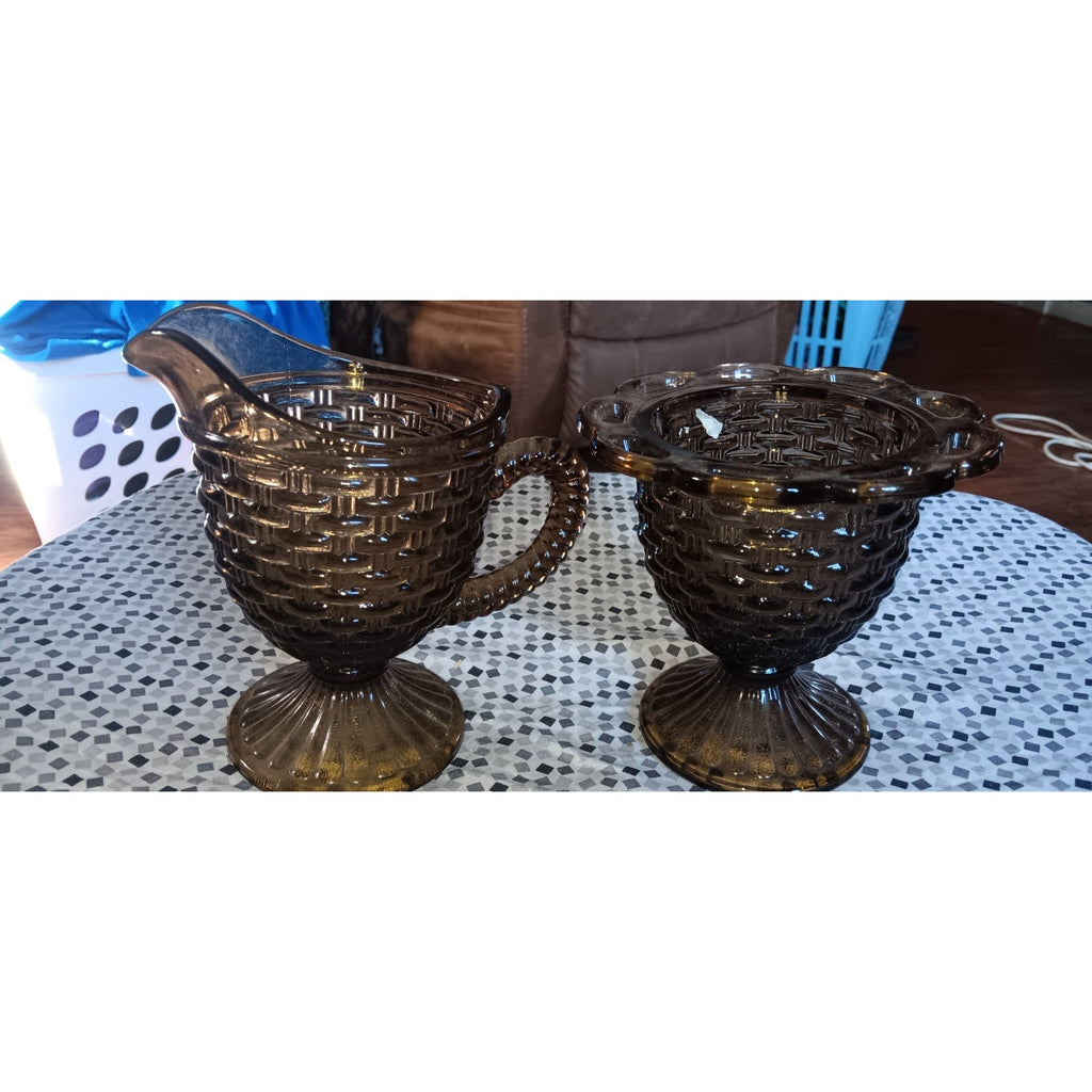 Vintage Glass Smoke Basketweave Sugar Compote & Creamer. No Lid