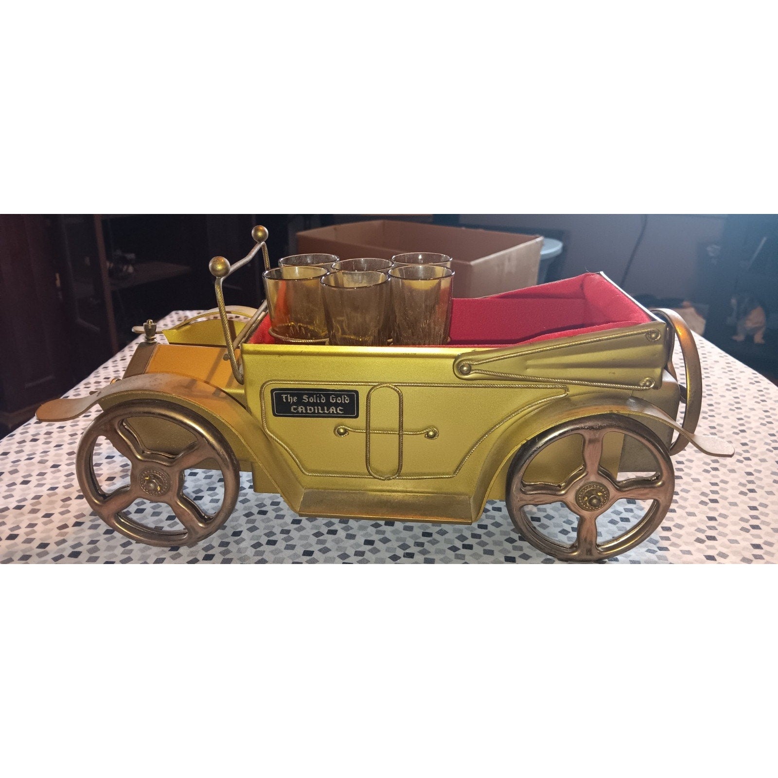 VTG Golden Crown Metal Model T Music Box Bar Car Decanter Set w/ Amber Glass
