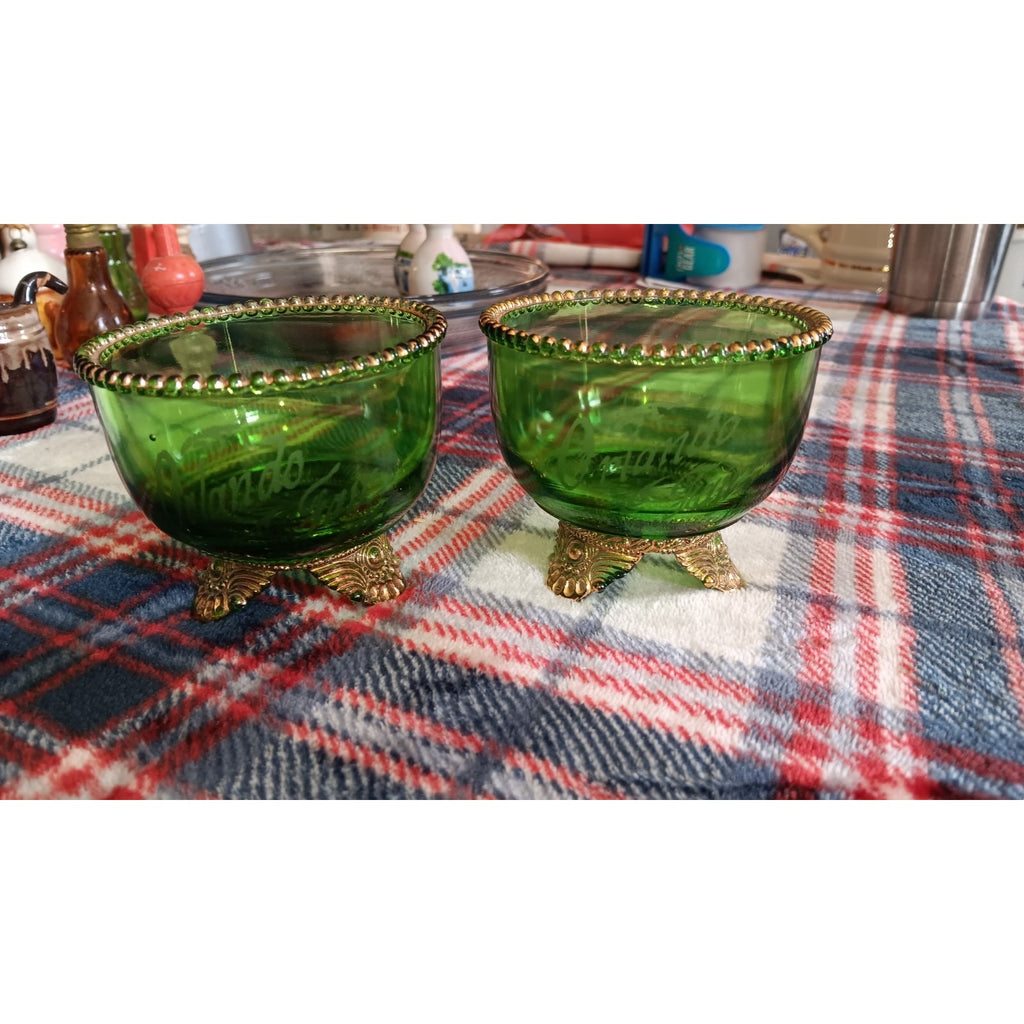 2 Antique Green US Glass Colorado Lacy Medallion Footed Bowl “Orlando's Fair”