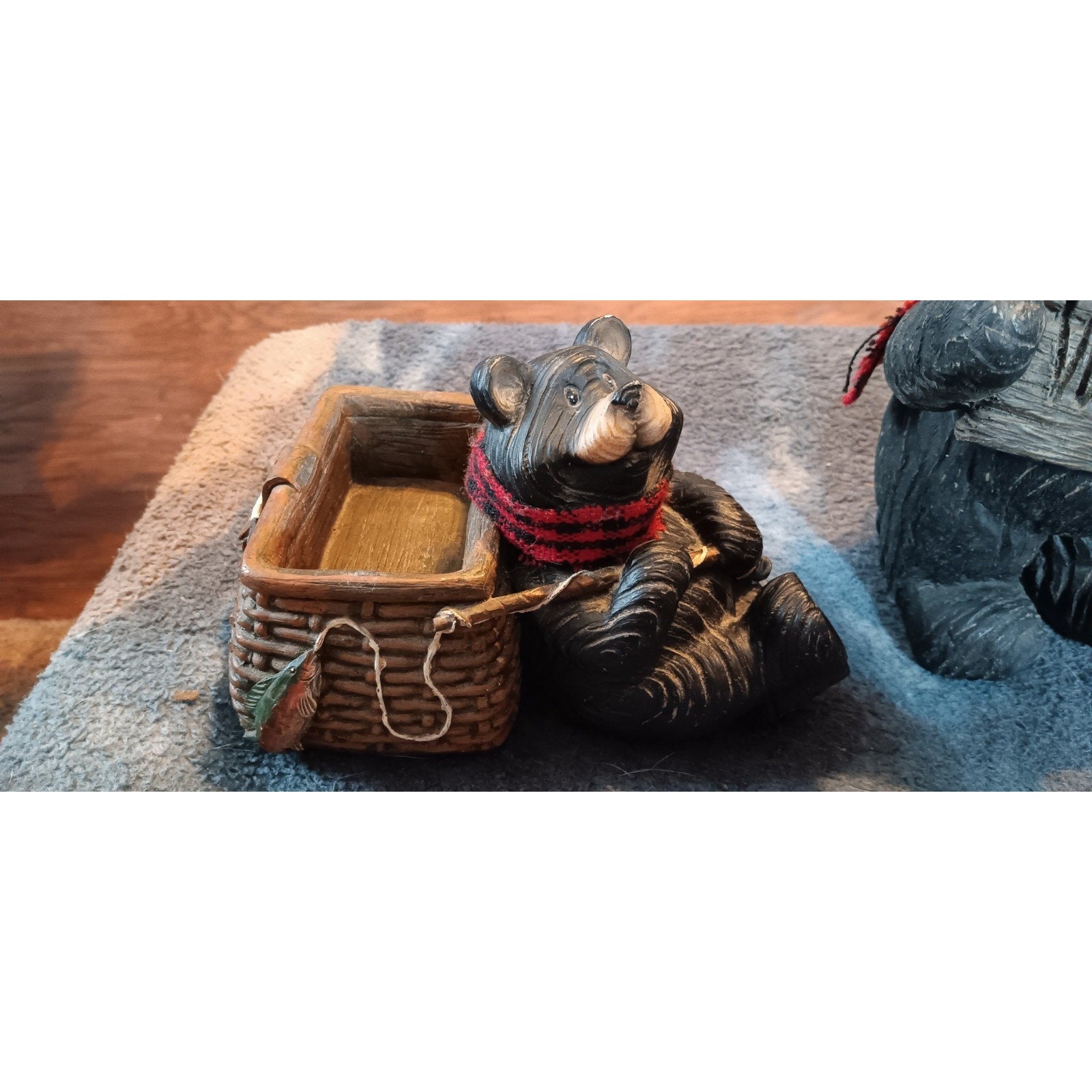Black Bear Resin Figures Lot of 3 Fish Basket, Welcome Decor, Happy Bear Decor