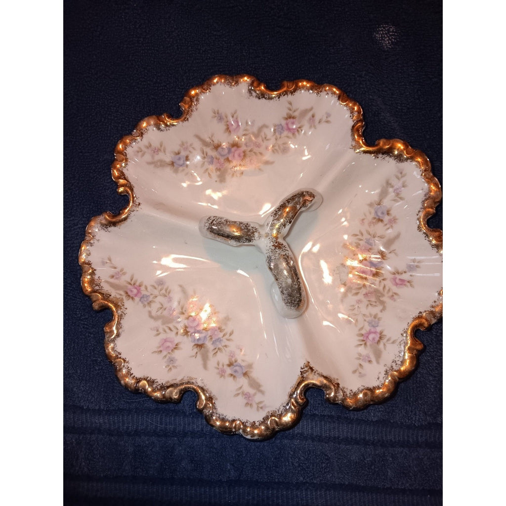 Lefton Hand Painted 3 Handled Divided Candy Dish Pink Blue Roses Gold Trim 7056