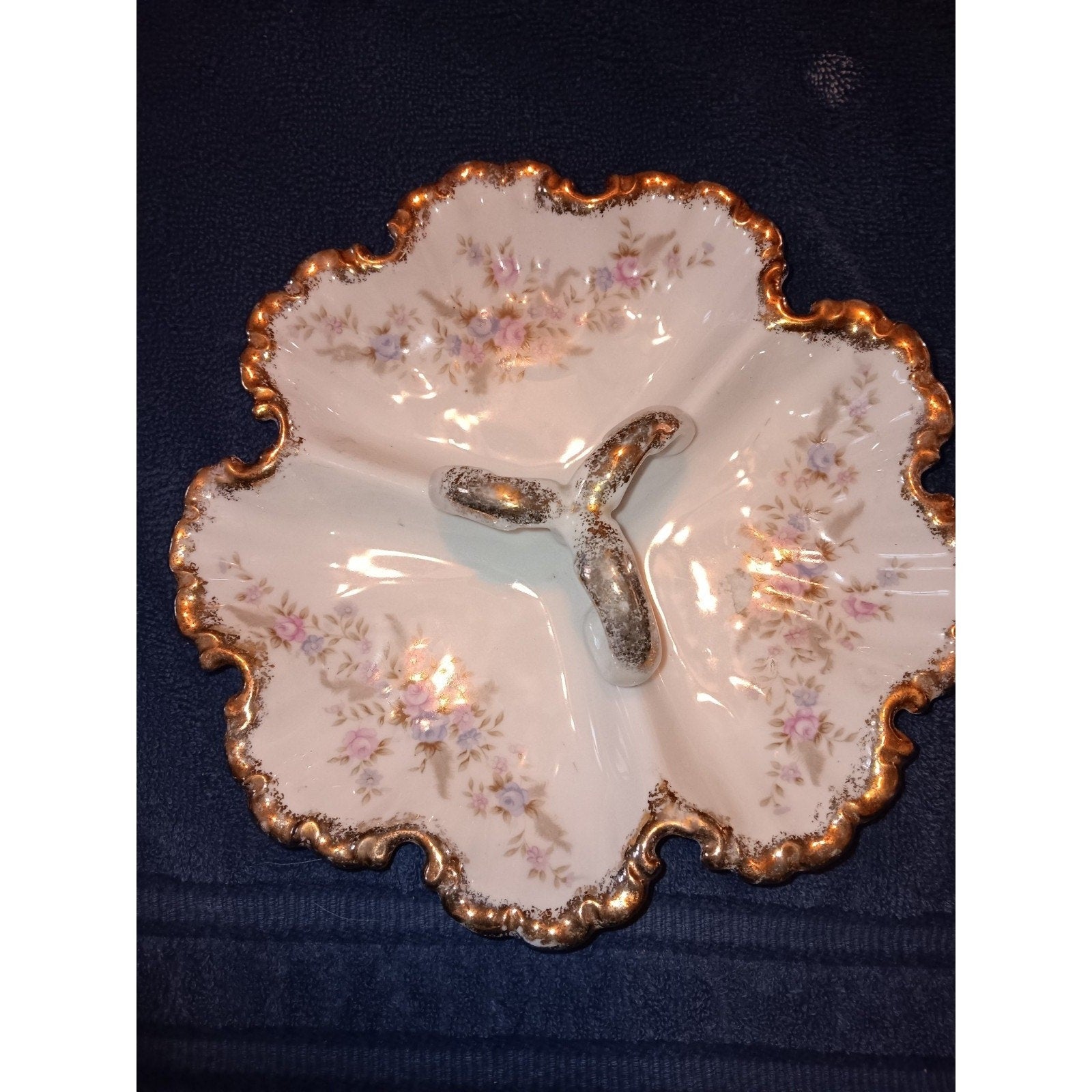 Lefton Hand Painted 3 Handled Divided Candy Dish Pink Blue Roses Gold Trim 7056