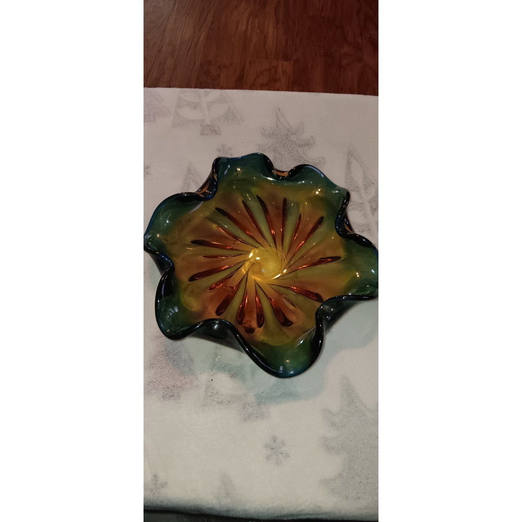 Murano Ruffled Edge Glass Bowl, Green and Amber, 10" diameter