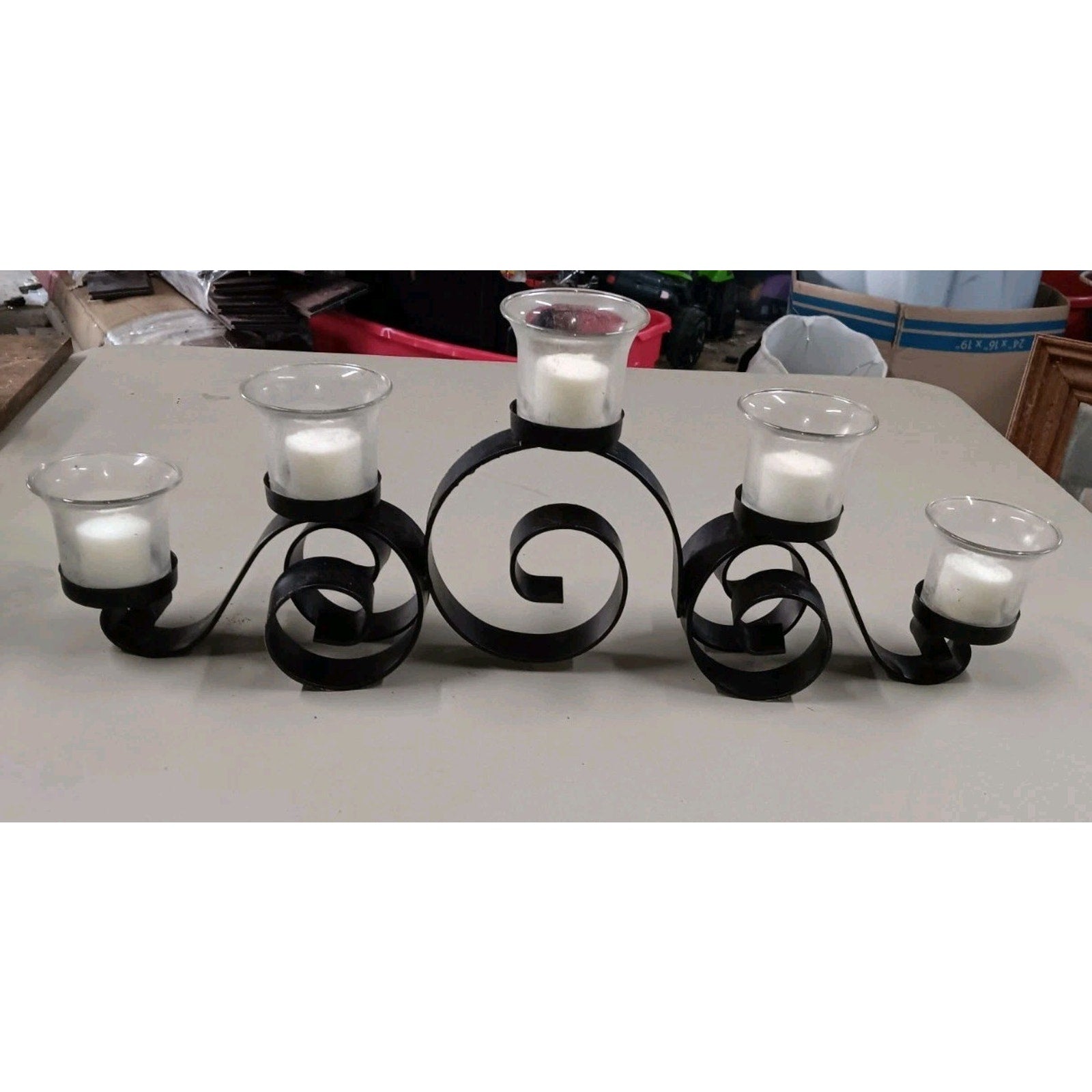 Fireplace Mantle Dark Metal Votive Holder 5 Candle Centerpiece 21" HEAVY