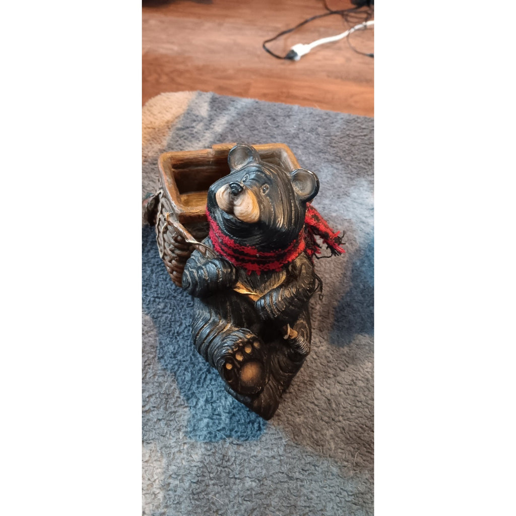 Black Bear Resin Figures Lot of 3 Fish Basket, Welcome Decor, Happy Bear Decor