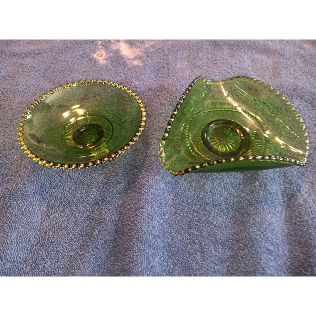 Lot Of 2 Emerald Colorado Greed Lacy Medallion Dish And Wavy Trinket Dish