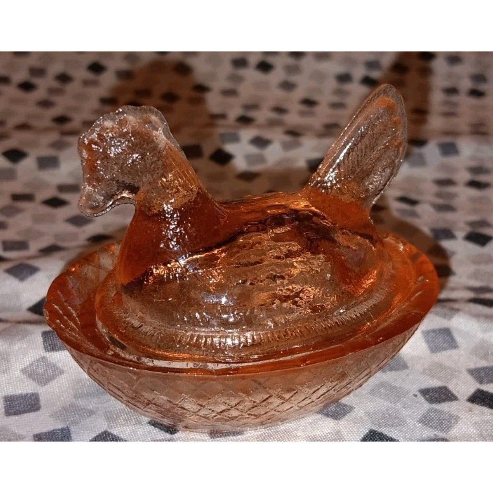 Mini Pink Glass Hen On Nest Basket Salt Cellar Covered Dish