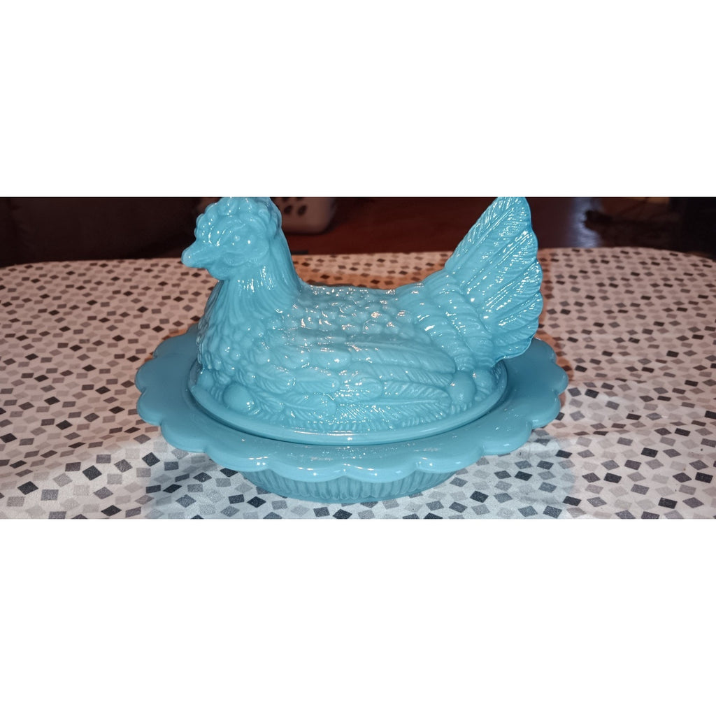 Pre-owned Mosser 6.5" Georgia Blue Glossy Glass Hen Chicken on Nest