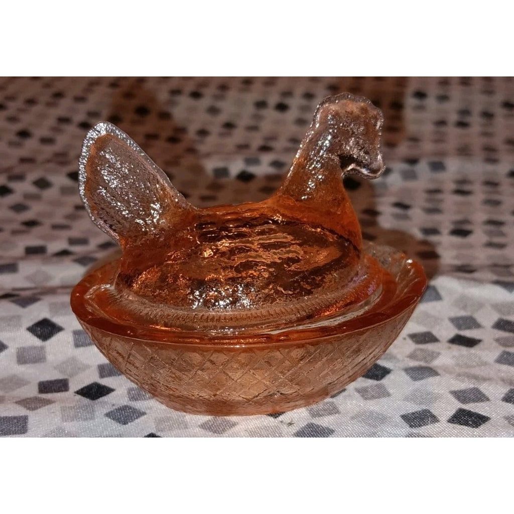 Mini Pink Glass Hen On Nest Basket Salt Cellar Covered Dish