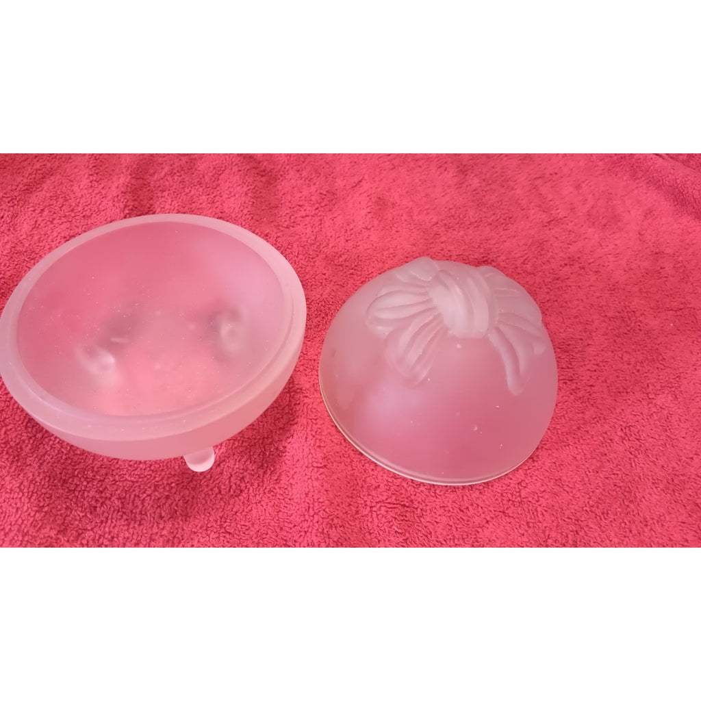 Vintage Pink Satin Glass Trinket Dish Bow On Lid 4” Translucent Dish