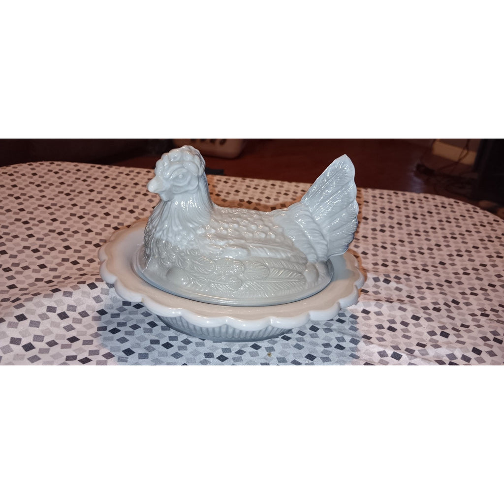 Vintage Mosser Marble / Slag Gray And White Hen on Nest, Cambridge, Ohio 6.5 In