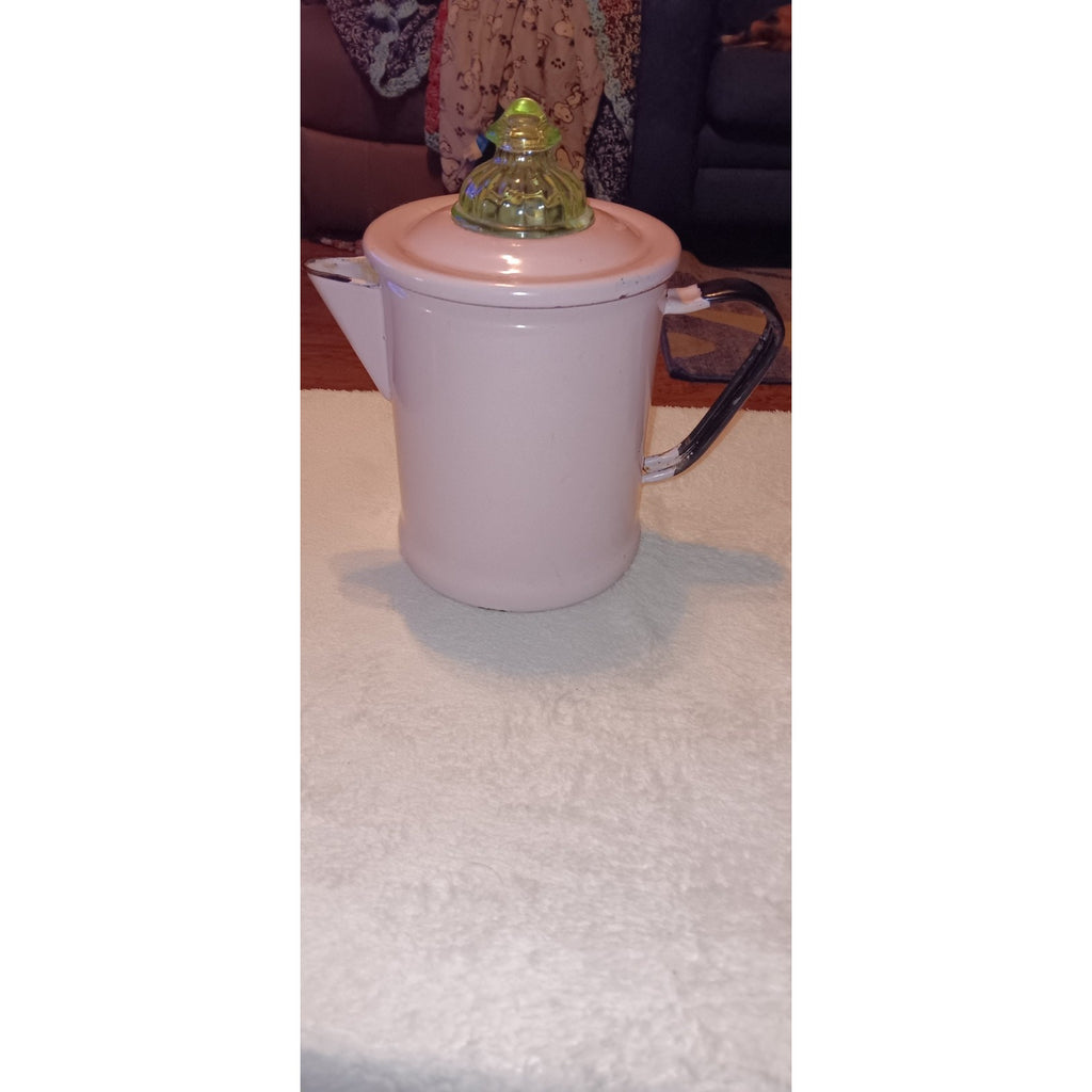 Rare Light Pink & Black Enamelware Coffee Pot W/ Green uranium glass Percolator
