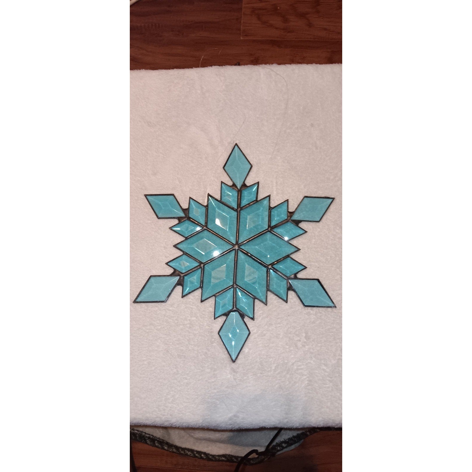 Vintage Blue Homemade Stained Glass Snowflake Suncatcher Ornament 10”