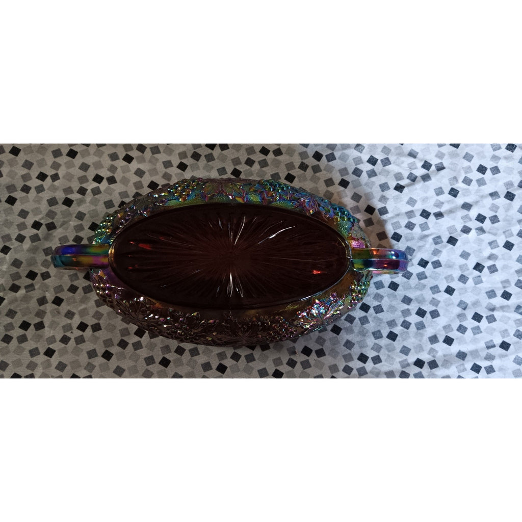 Vintage Imperial Grape Cable Carnival Glass Oval Handled Saw Tooth Rim Bowl