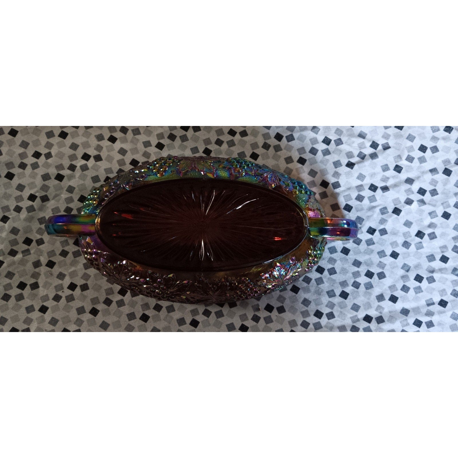 Vintage Imperial Grape Cable Carnival Glass Oval Handled Saw Tooth Rim Bowl