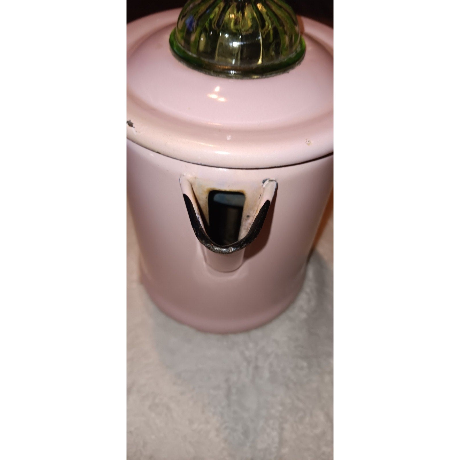 Rare Light Pink & Black Enamelware Coffee Pot W/ Green uranium glass Percolator