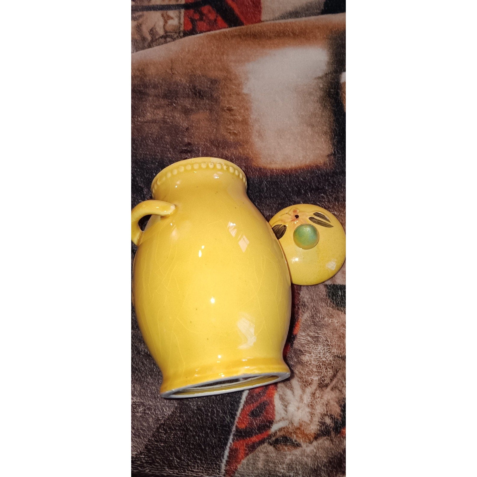 Vintage Hand Painted Yellow Jar With Fruit And Lid