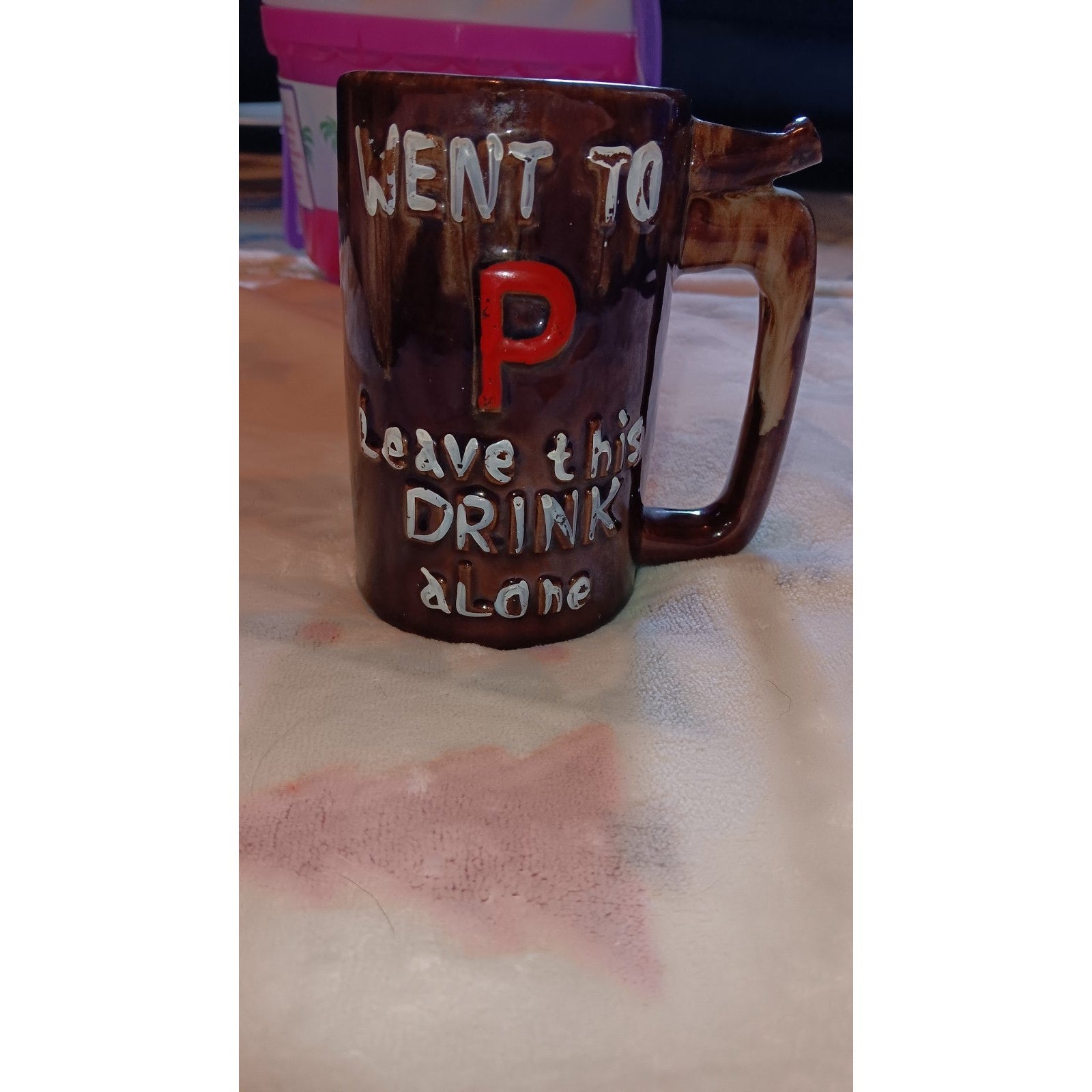 Vintage Brown Drip Glaze Ceramic Novelty Beer Mug - Went To P Wet Your Whistle