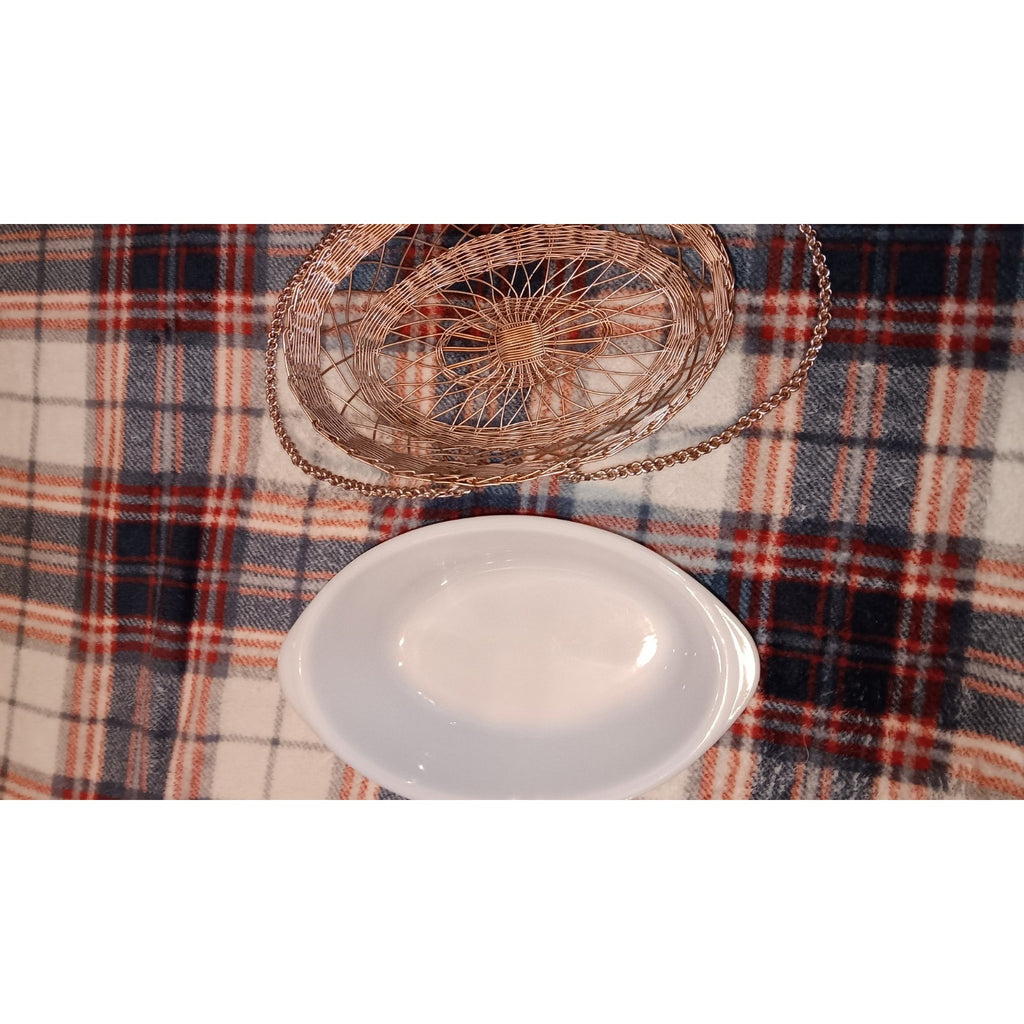 Glasbake White Milk Glass 10" Oval Baking Dish & Rose Gold Metal Carry Basket
