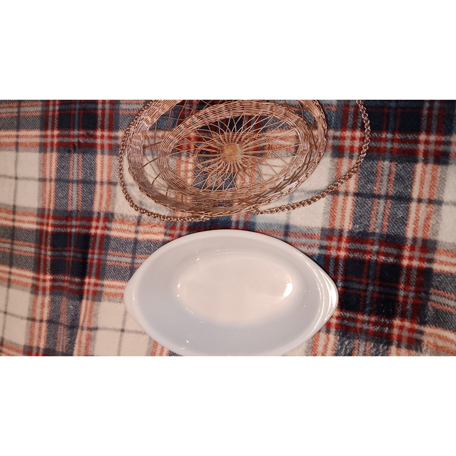 Glasbake White Milk Glass 10" Oval Baking Dish & Rose Gold Metal Carry Basket