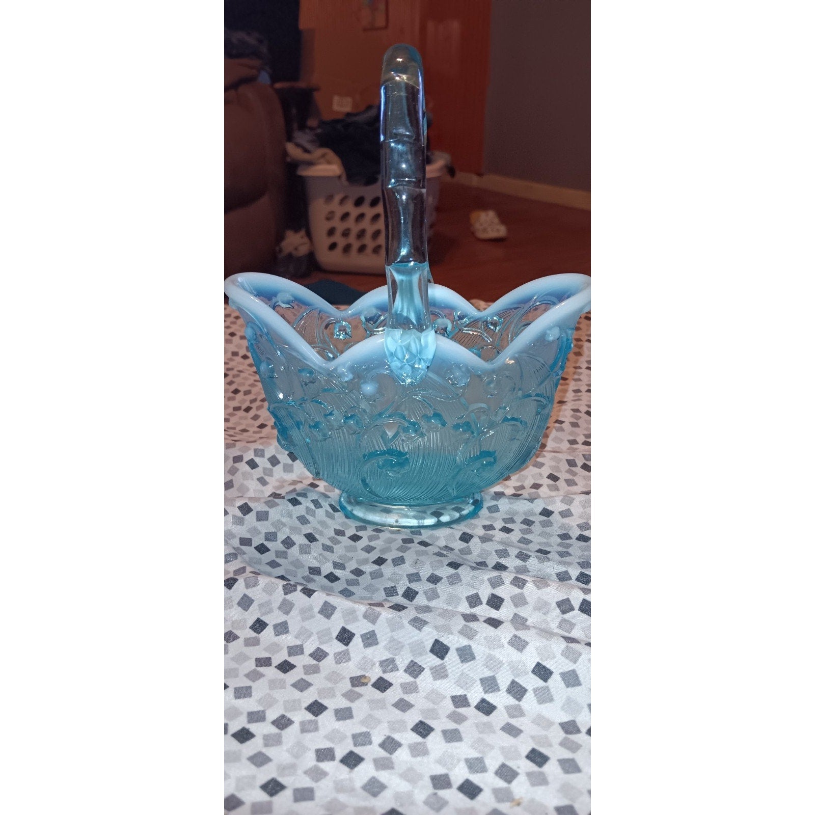 Vtg Fenton Lily of the Valley Basket Blue Opalescent Art Glass NOS